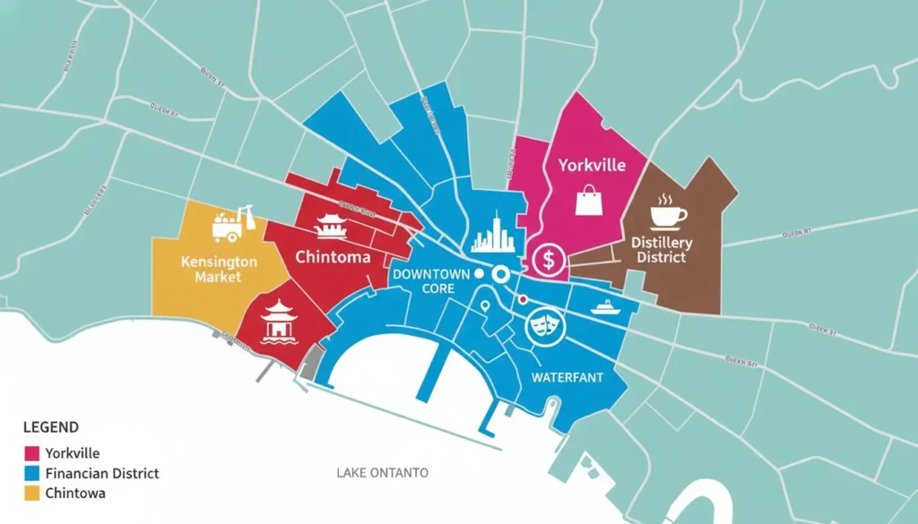Illustrated colorful map of downtown Toronto neighborhoods including Yorkville, Kensington Market, and the Financial District.