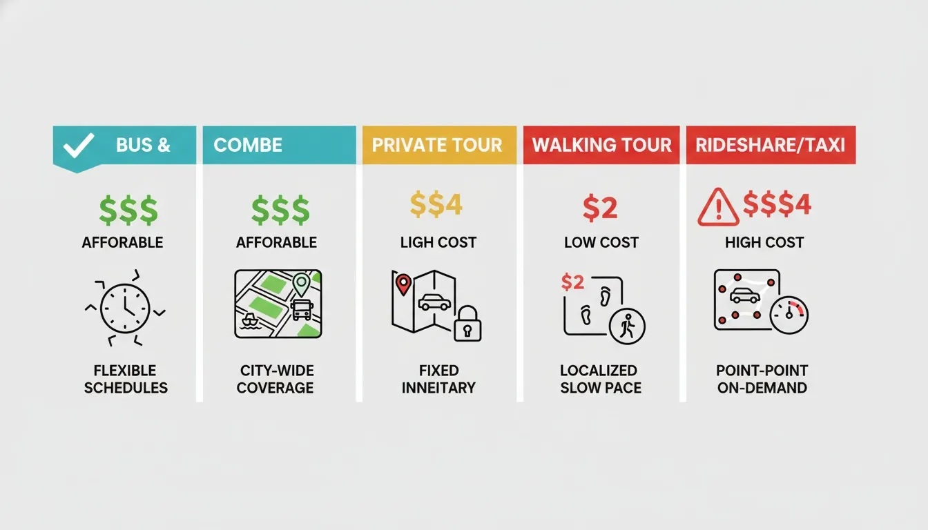 Infographic comparing Toronto transit options including buses, private tours, walking tours, and rideshare services.