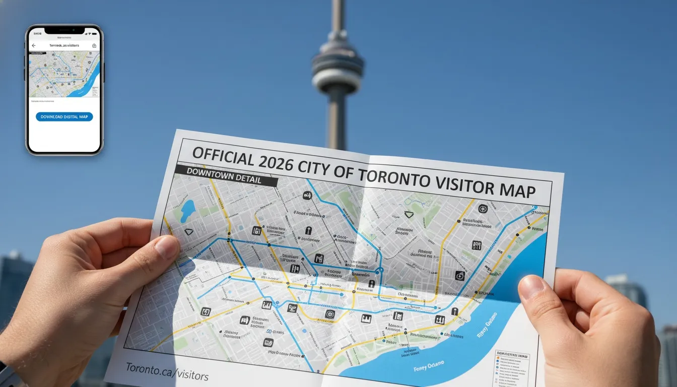 Hands holding a printed Toronto visitor map with the CN Tower blurred in the background.