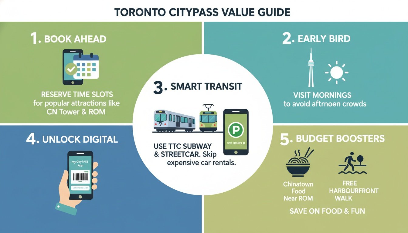 Infographic titled Toronto CityPASS Value Guide sharing five tips for saving time and money on transit and attractions.