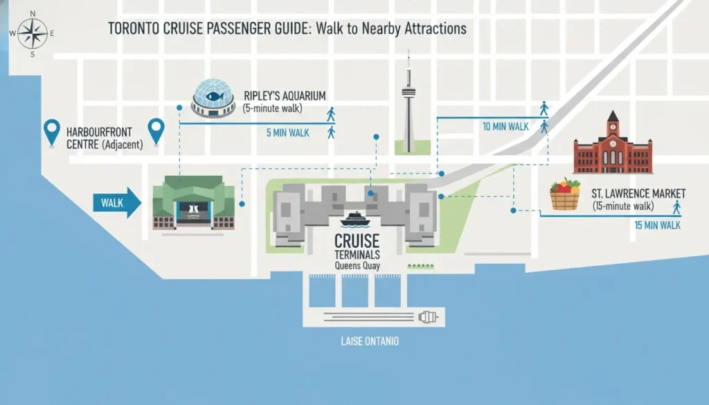 A map illustrating walking routes and times from Toronto Cruise Terminals on Queens Quay to nearby attractions.