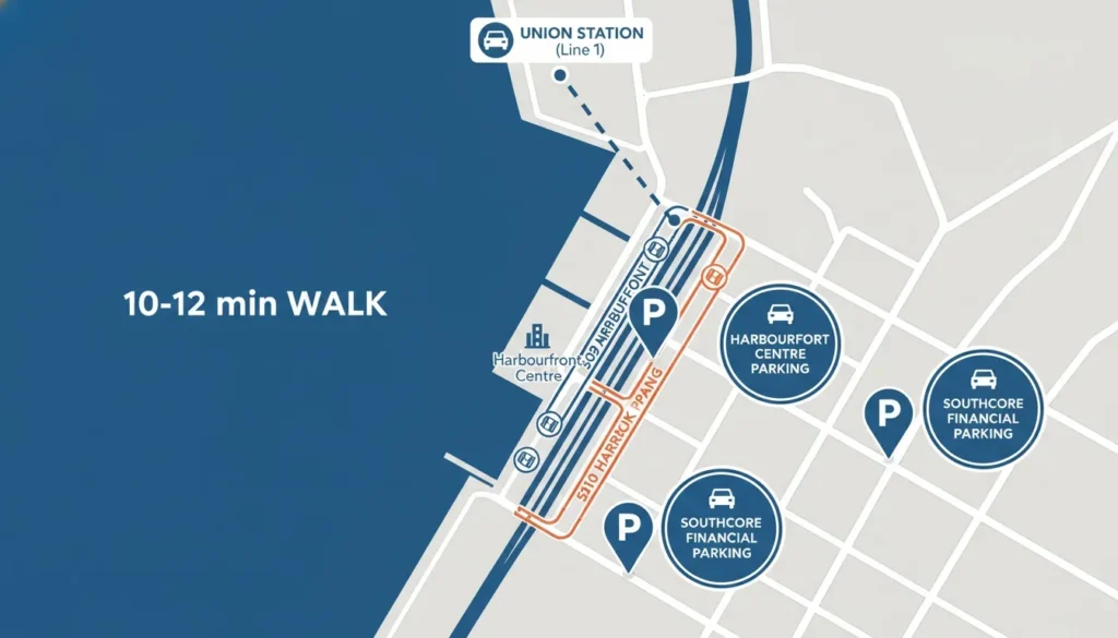 Stylized map of Toronto Harbourfront showing Union Station, Harbourfront Centre parking, and local transit routes.