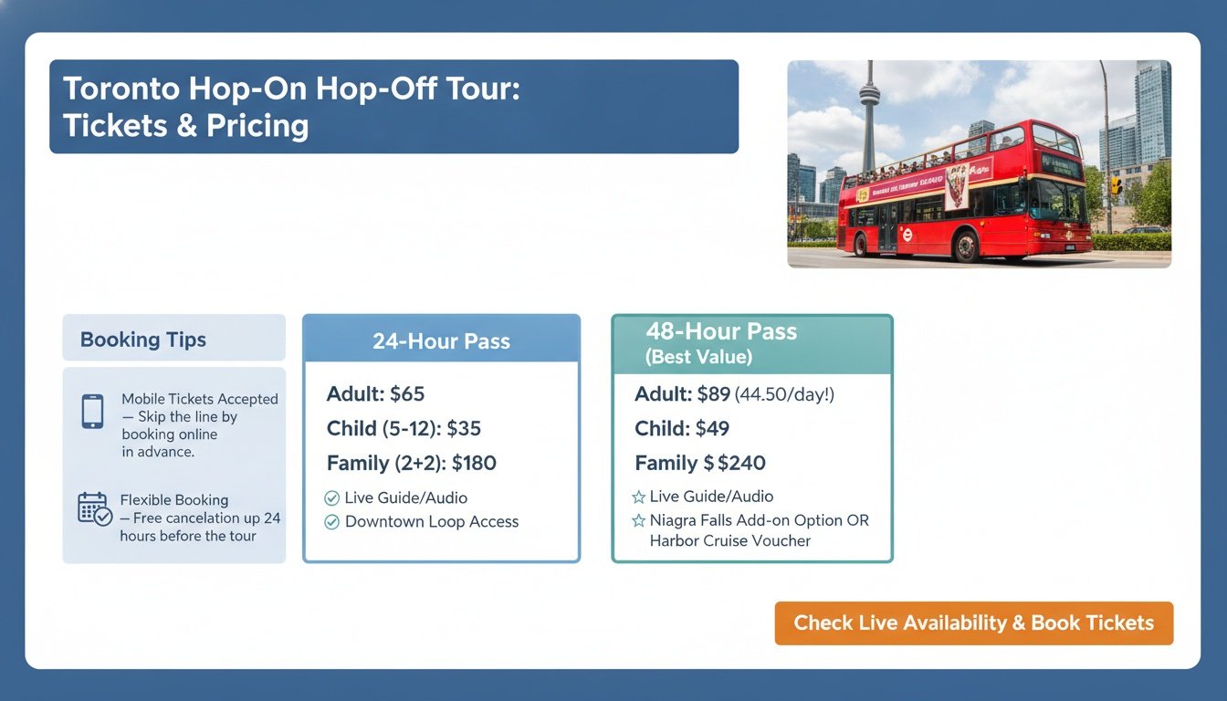 Infographic showing ticket pricing for Toronto Hop-On Hop-Off tour with a red double-decker bus near CN Tower.
