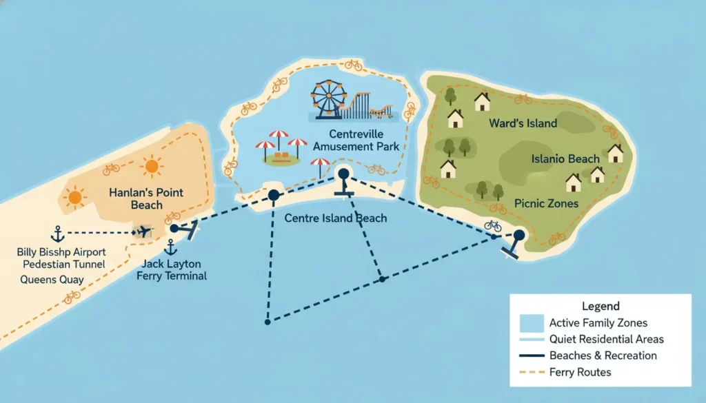 A map of the Toronto Islands detailing ferry routes, Hanlan's Point, Centre Island, and Ward's Island.
