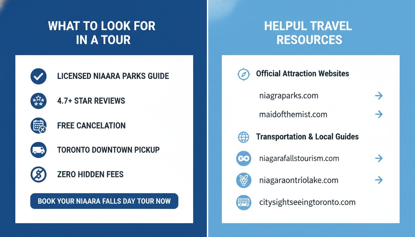 A travel infographic listing checklist features for tours and helpful local Niagara Falls resource websites.