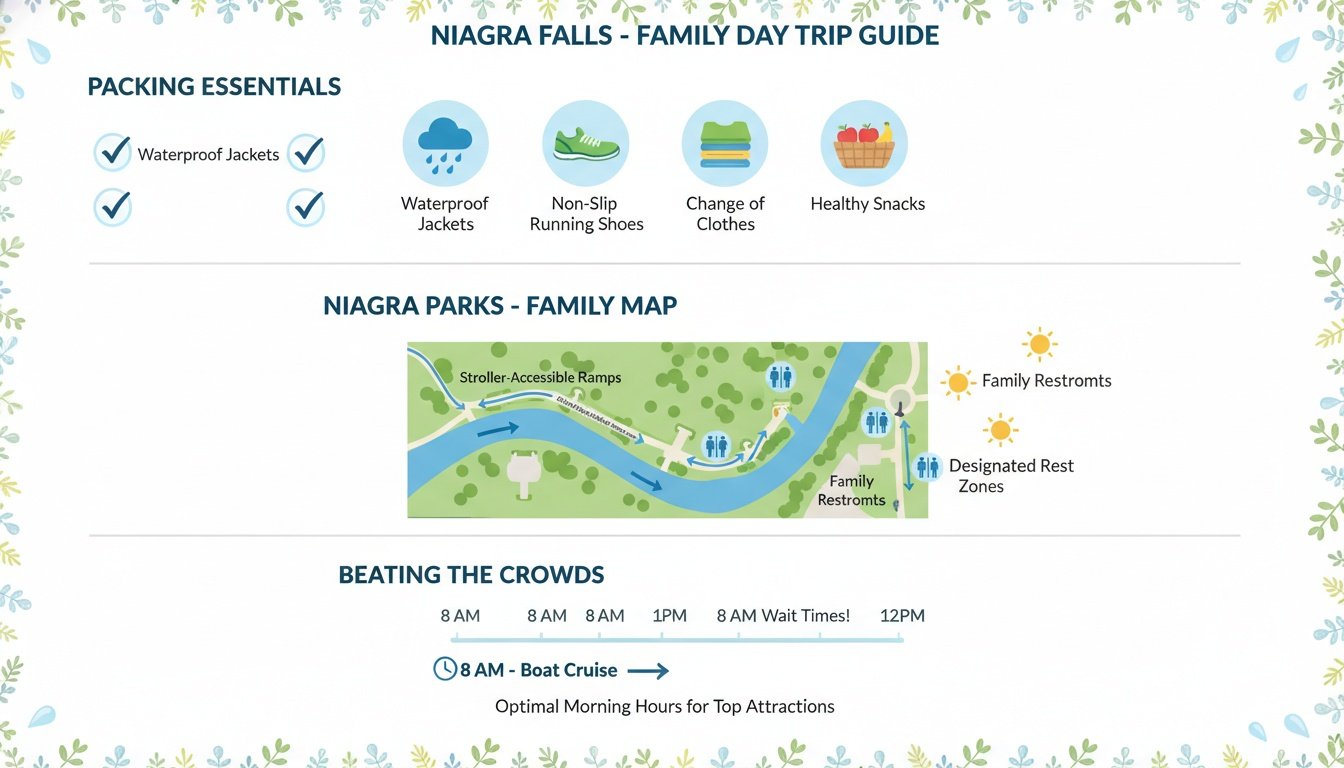 An infographic detailing packing essentials, maps, and schedules for a Niagara Falls family day trip.