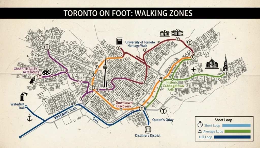 An illustrated map of Toronto walking zones showcasing routes like Historic Cabbagetown and Graffiti Alley.