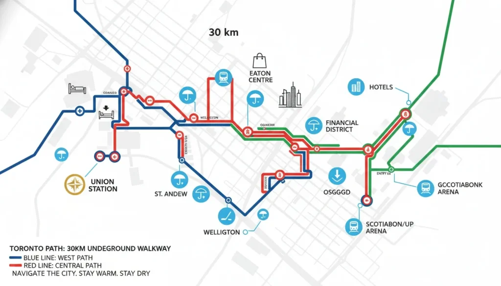 Map of the Toronto PATH 30km underground walkway showing blue, red, and green navigation routes.