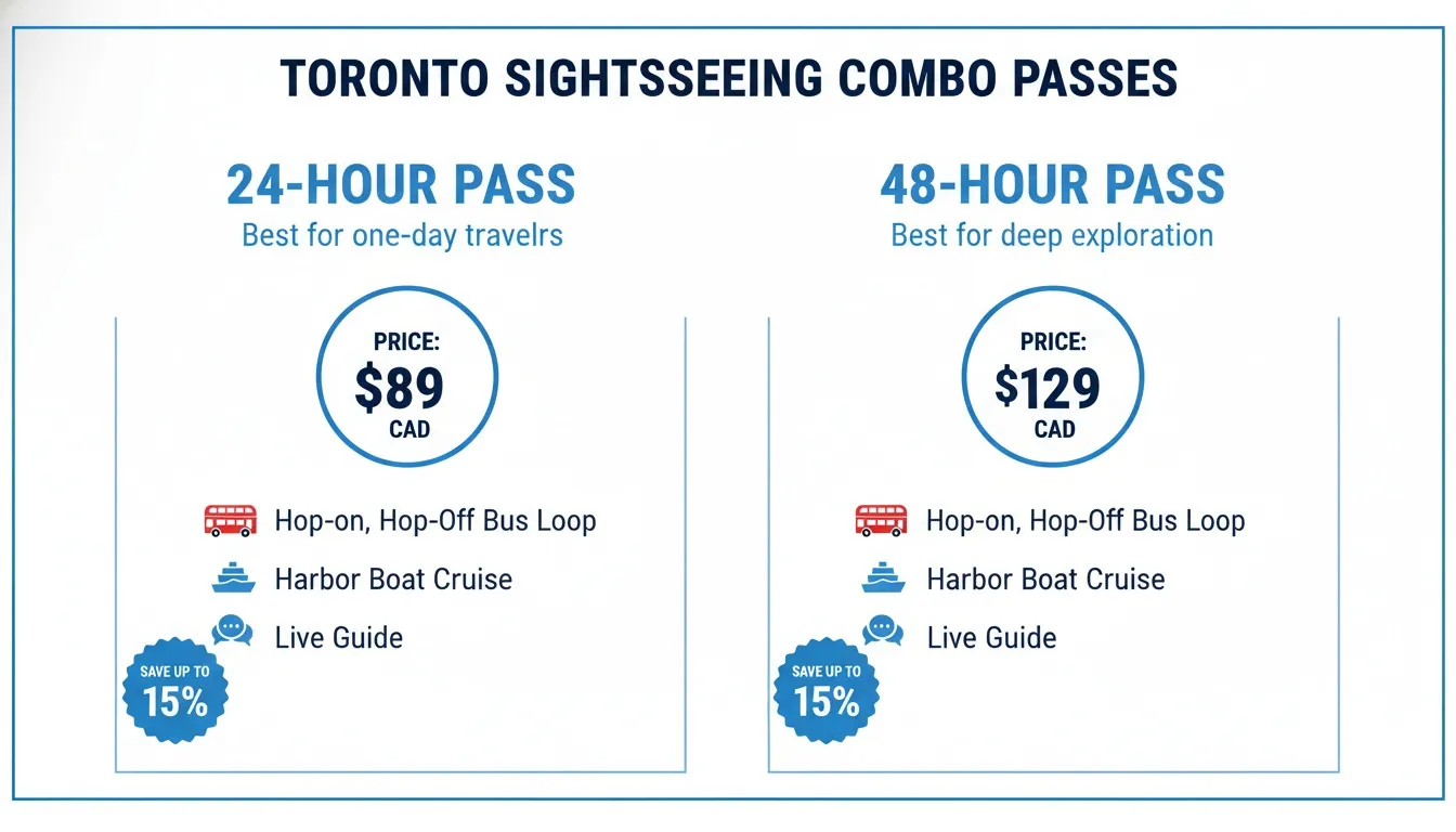 Graphic displaying Toronto sightseeing combo passes with 24-hour and 48-hour options, pricing, and tour details.