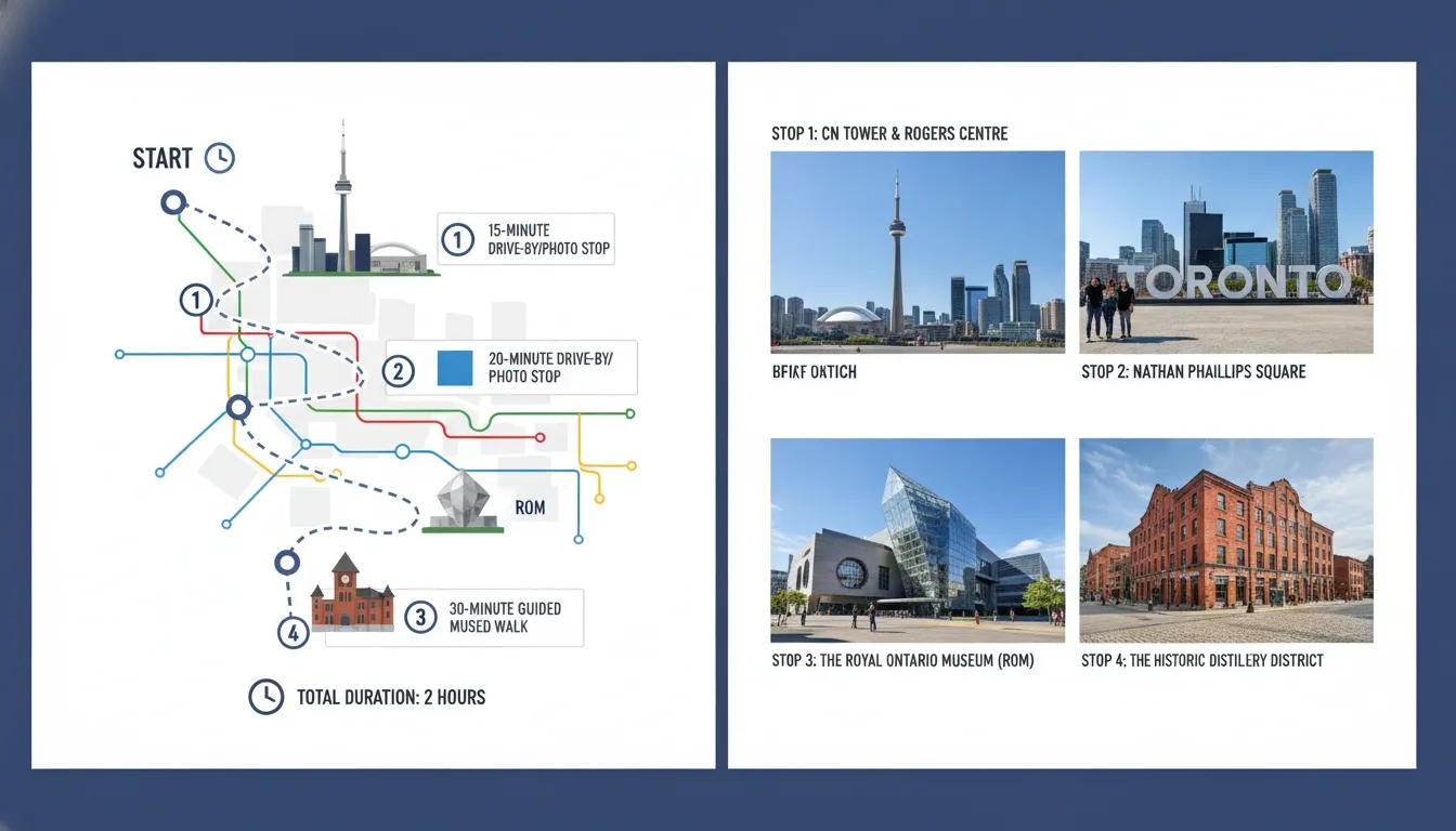 A map showcasing a Toronto city tour route featuring the CN Tower, Nathan Phillips Square, ROM, and Distillery District.