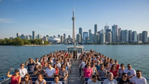 Passengers on the open deck of a harbour cruise boat with the Toronto skyline behind