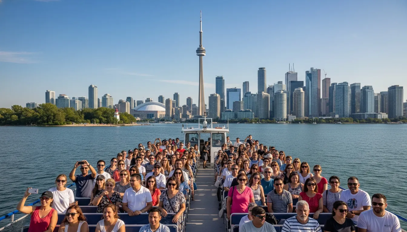 A crowded ferryboat transporting tourists on Lake Ontario with the Toronto skyline and CN Tower in the background.