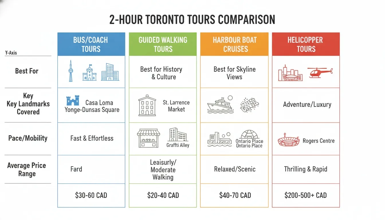 Comparison infographic of 2-hour Toronto tours including bus, walking, boat, and helicopter options.