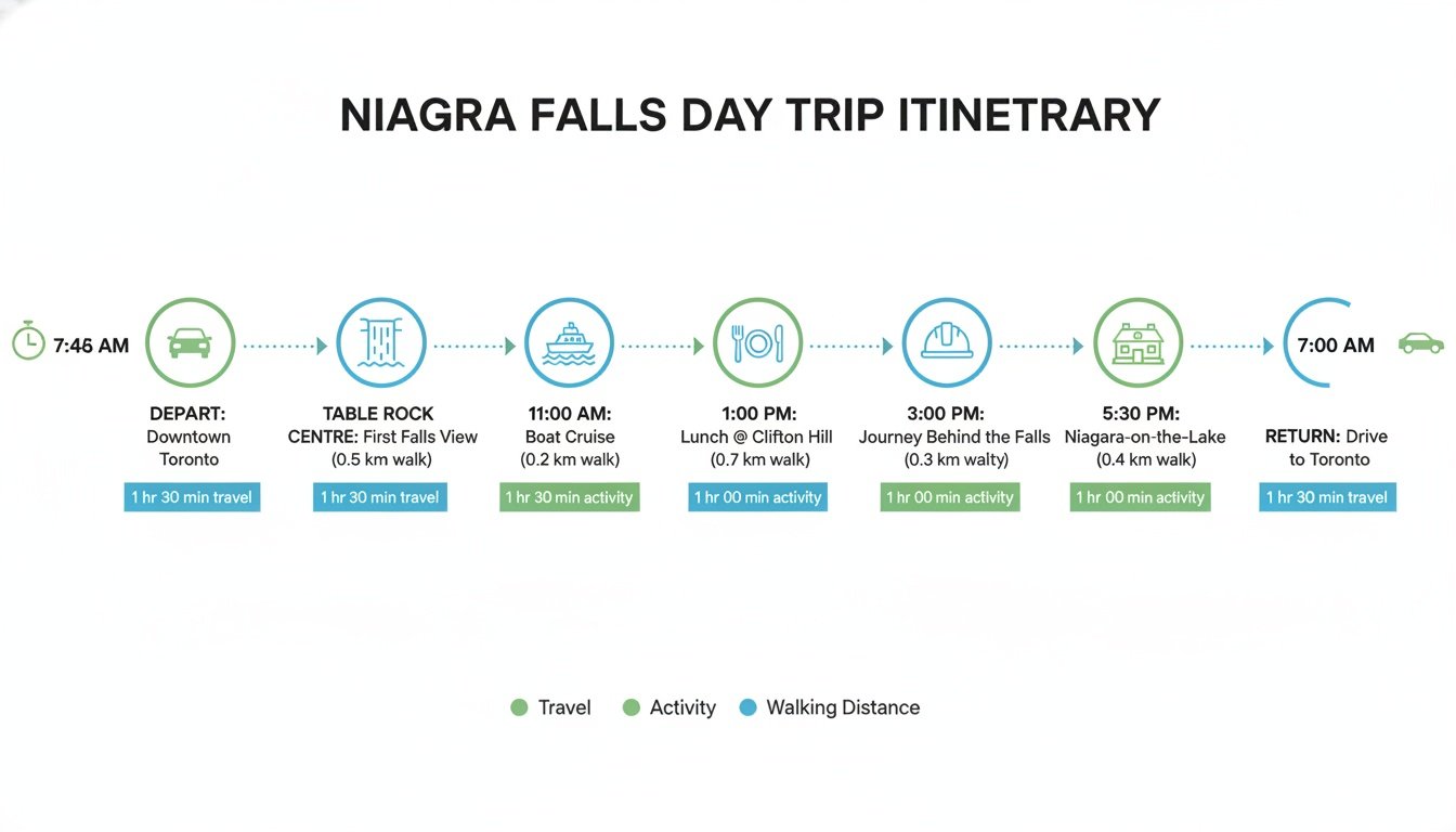 An infographic detailing a full-day Niagara Falls trip itinerary departing from downtown Toronto.