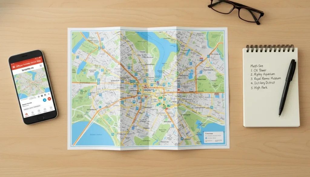 A wooden desk displaying a folded Toronto paper map, smartphone with a digital map, eyeglasses, and a notebook listing attractions.