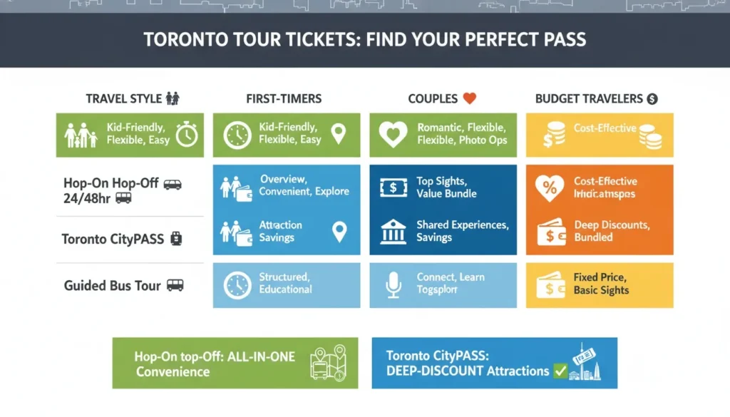 An infographic comparing Hop-On Hop-Off, Toronto CityPASS, and Guided Bus Tour options for various travel styles.