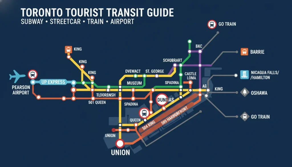 A simplified graphic transit map labeled Toronto Tourist Transit Guide showing subway, streetcar, train, and airport routes.