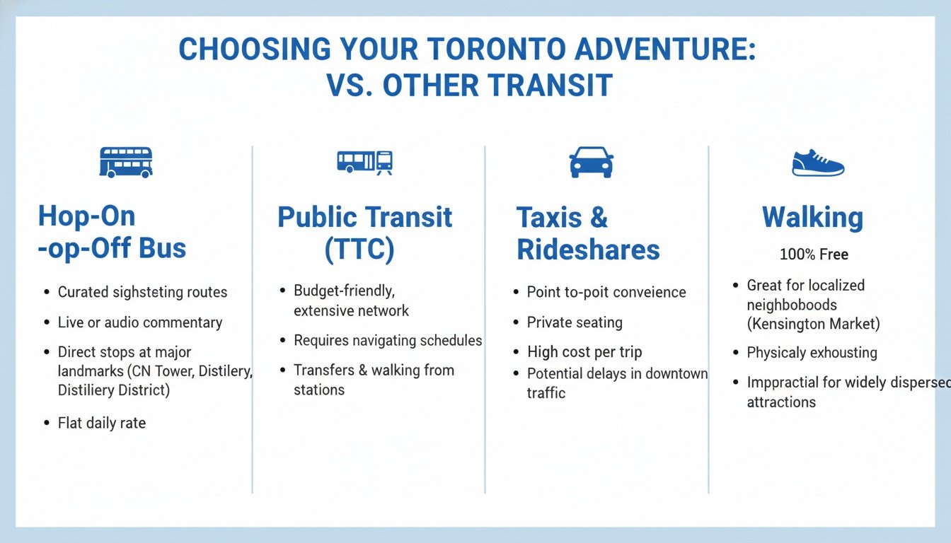 An infographic comparing Hop-On Hop-Off buses, TTC public transit, taxis, and walking for Toronto sightseeing.