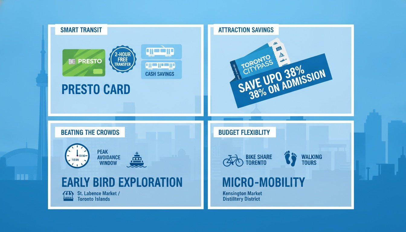 A blue infographic detailing smart transit, attraction savings, beating crowds, and micro-mobility options in Toronto.