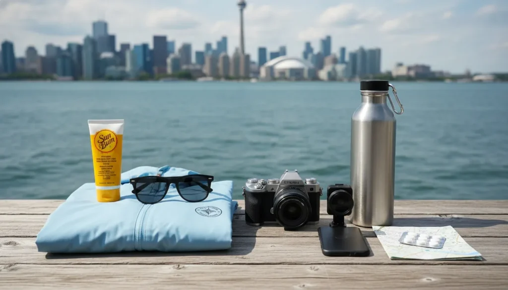 Travel gear including sunscreen, sunglasses, camera, and water bottle arranged on a wooden dock with the Toronto skyline behind.