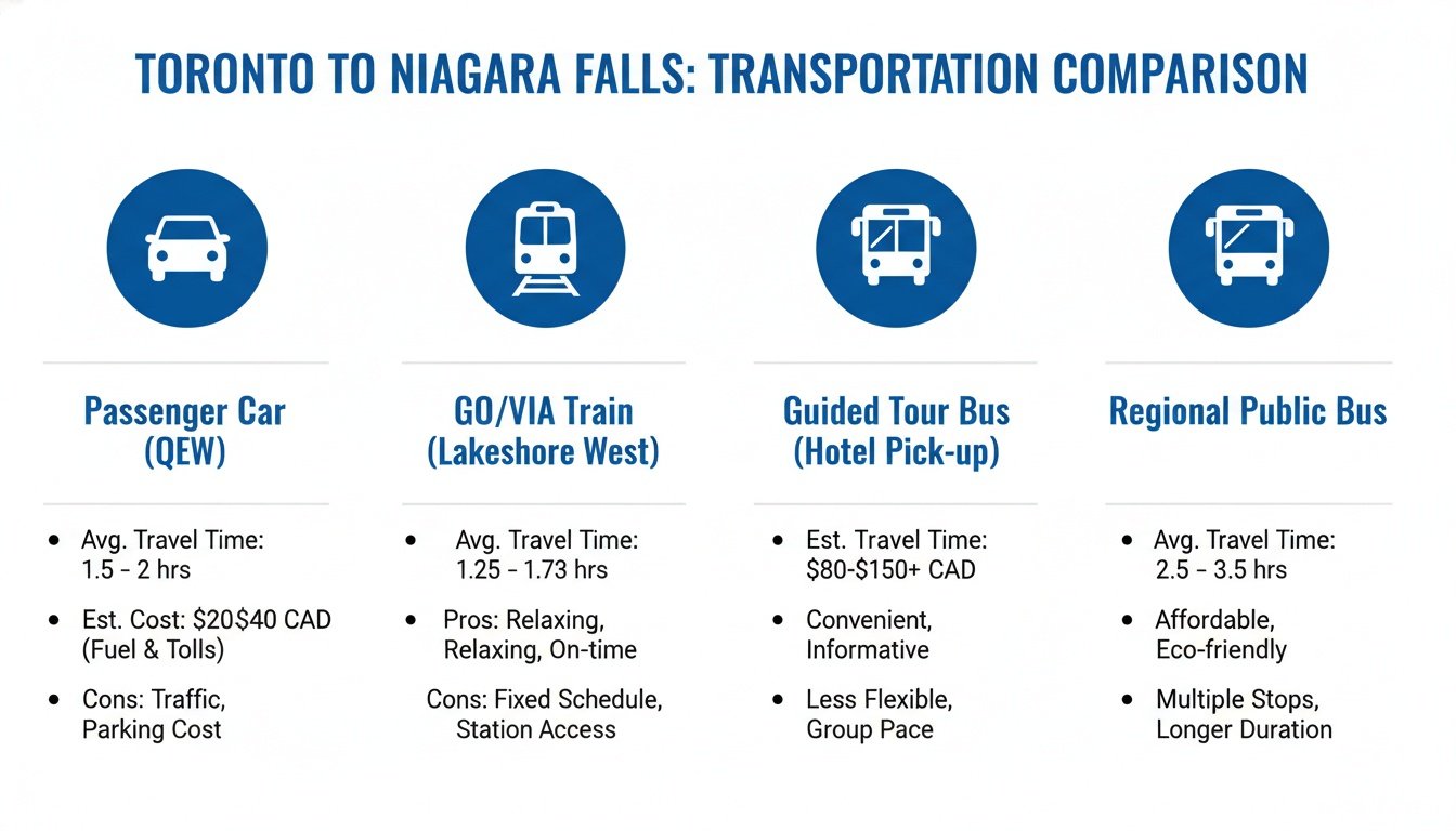 An infographic comparing travel times, costs, pros, and cons for cars, trains, and buses from Toronto to Niagara Falls.