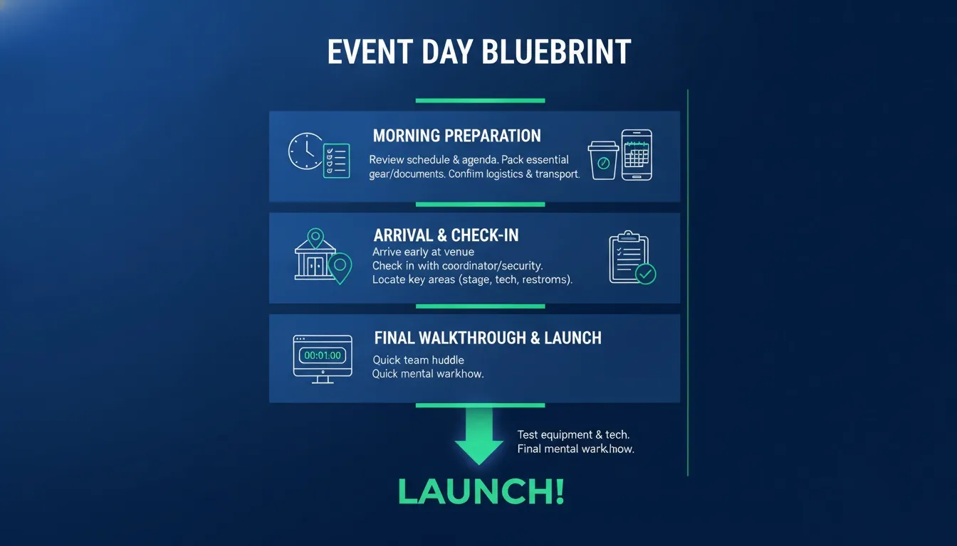 An infographic detailing an event day blueprint with preparation, arrival, walkthrough, and launch steps.