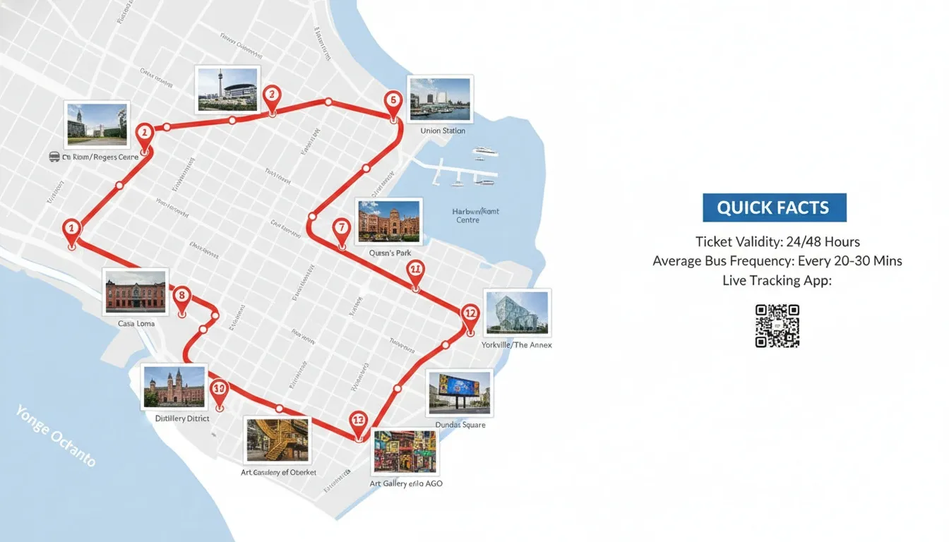 A map of Toronto showcasing the tronto tour service area with numbered route stops and key landmarks.