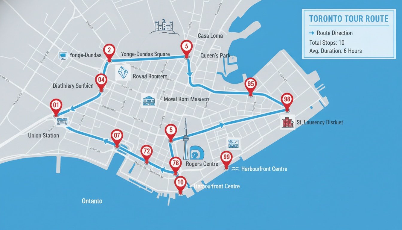 Illustrated Toronto map showing a service route with numbered stops from Union Station to Harbourfront Centre.