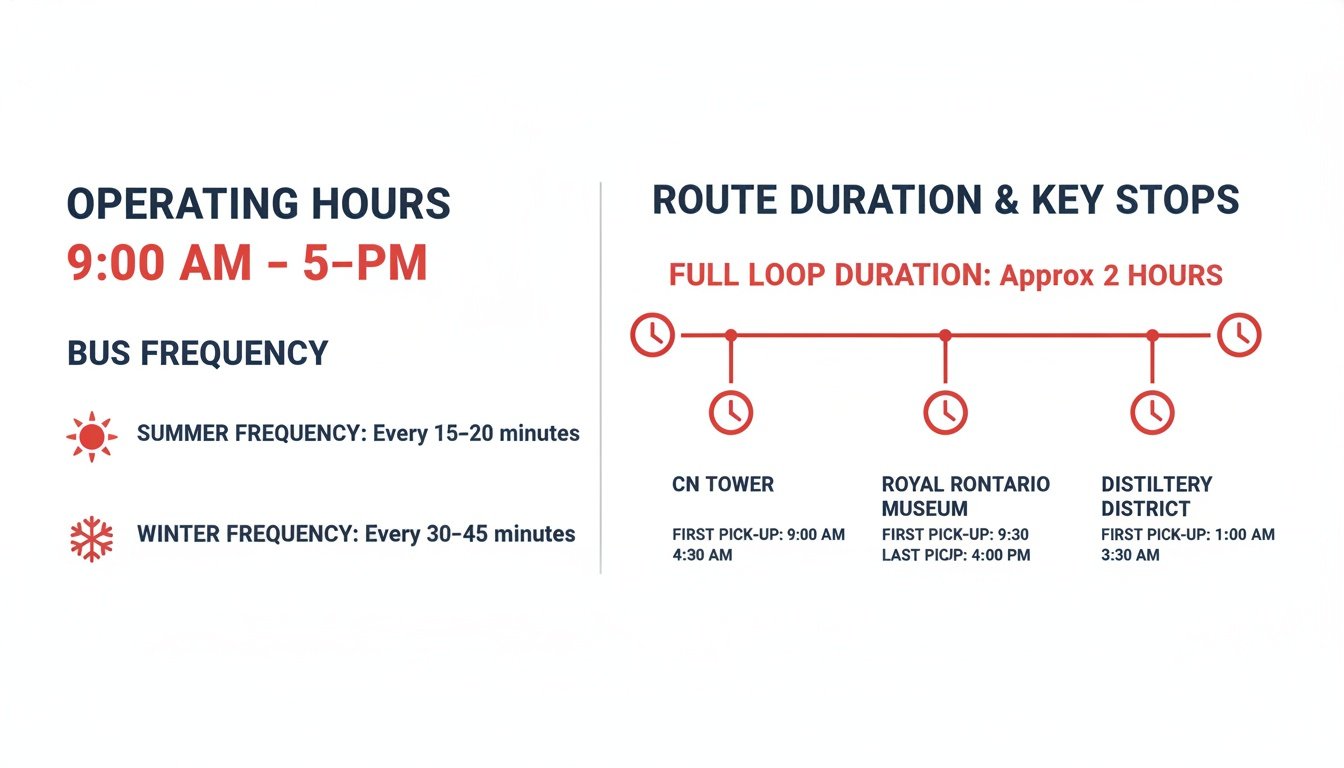 Infographic showing operating hours, seasonal bus frequency, and route key stops for Trontoi Tour in Toronto.