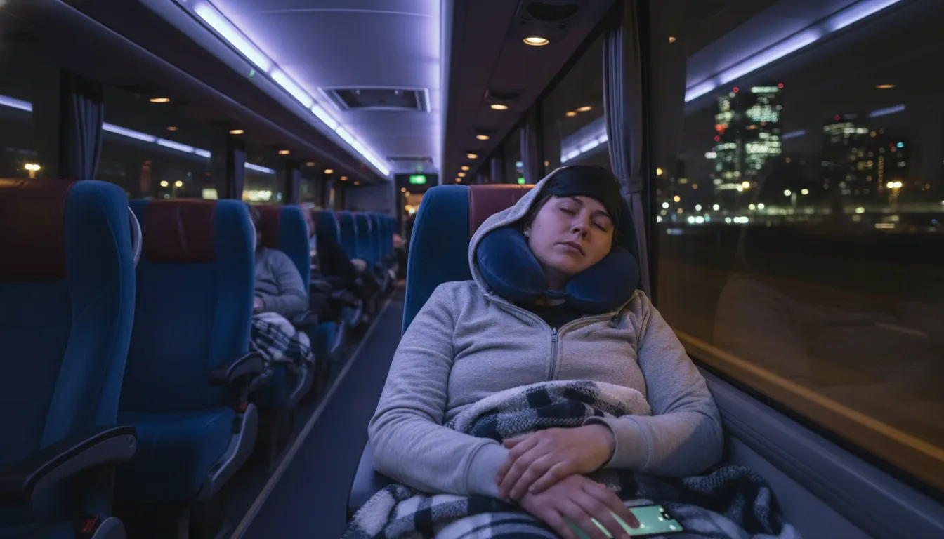 A passenger relaxing in a reclining seat inside a dimly lit commuter coach bus at night with soft blue overhead LED lights, using a travel neck pillow and blanket during an overnight trip