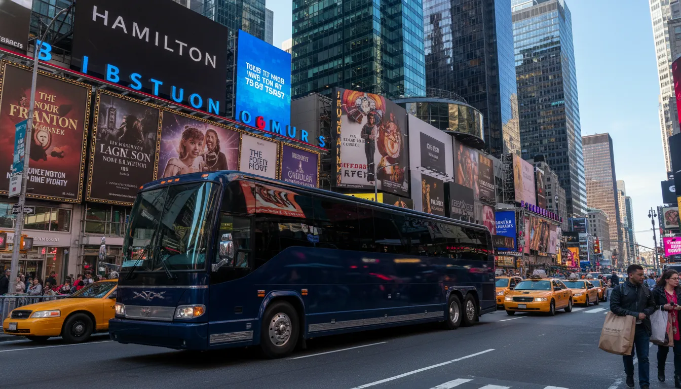 A premium long-distance tour bus driving past the bright digital billboards and skyscrapers of Times Square in Midtown Manhattan, showcasing the arrival experience of a Toronto to New York bus trip.
