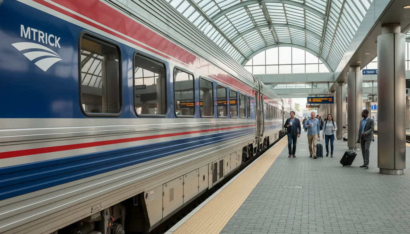 The silver Amtrak Maple Leaf passenger train stopped at a station platform with travelers carrying luggage, representing the scenic rail alternative from Toronto to New York City.