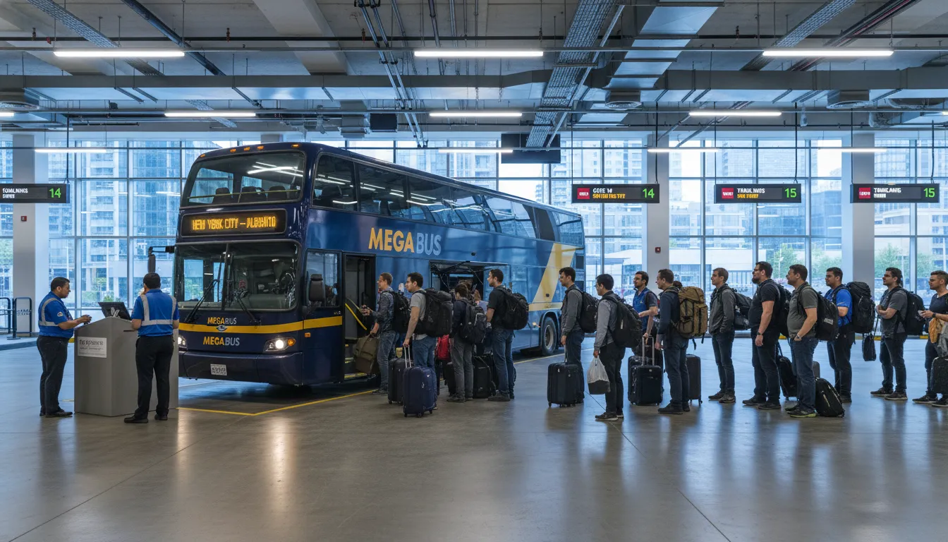 A modern double-decker express commuter coach bus parked inside the clean, well-lit boarding gates at the new Toronto Union Station Bus Terminal, prepared for long-distance travel