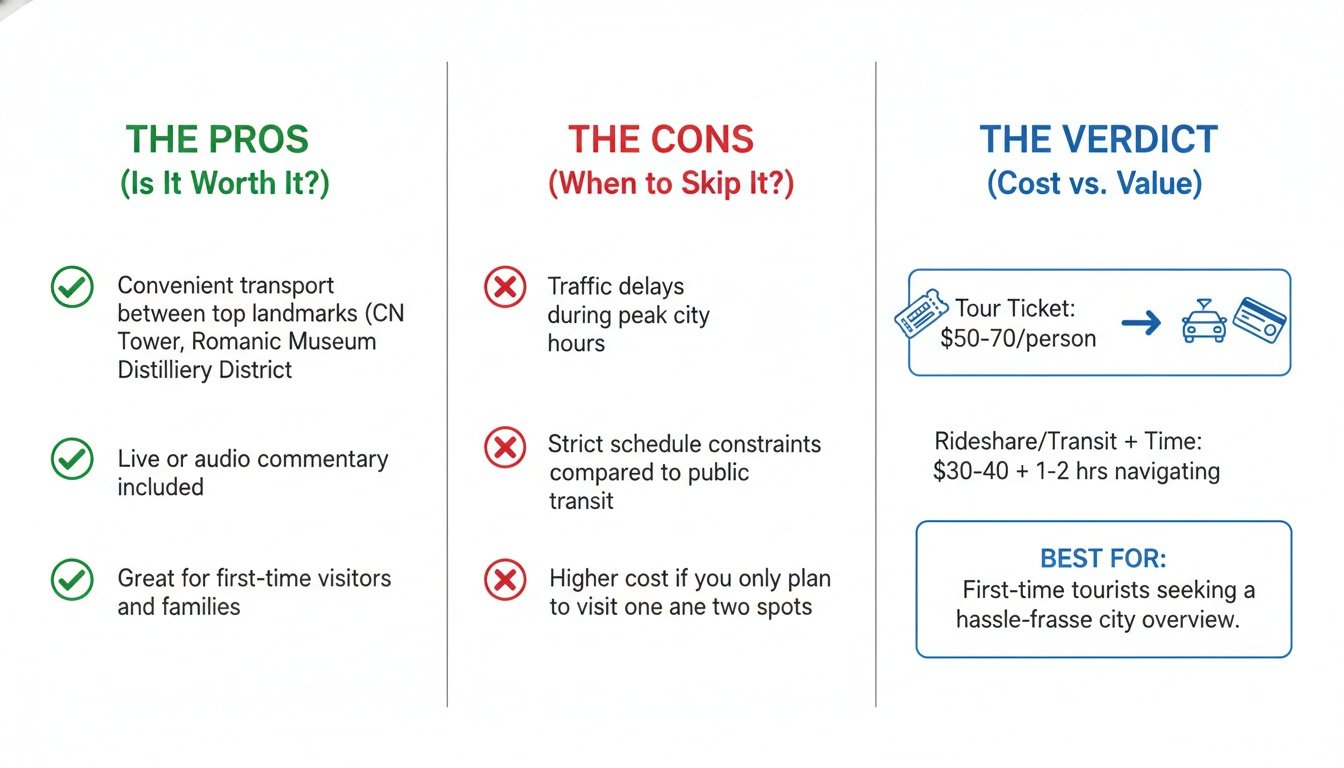 An infographic detailing the pros, cons, and costs of taking a Toronto city sightseeing tour.