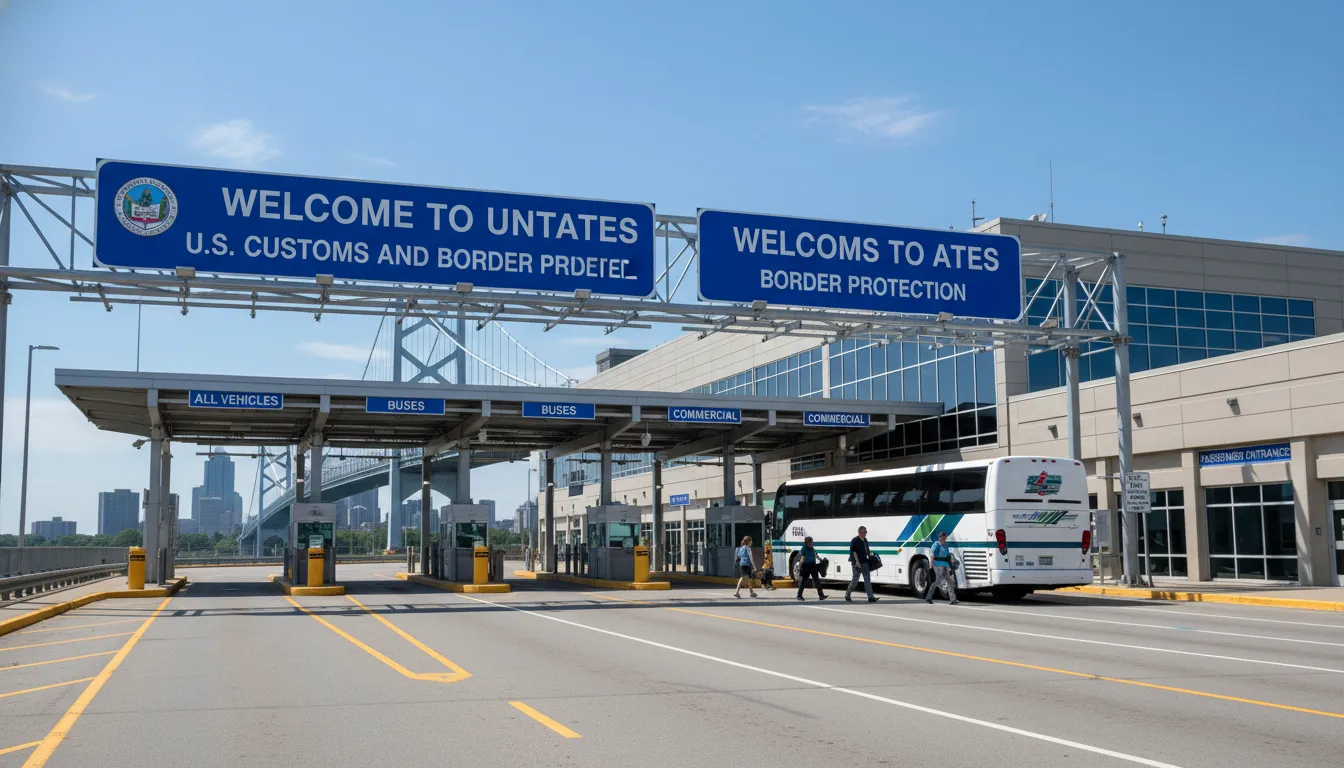 The official U.S. Customs and Border Protection inspection station at the Peace Bridge in Buffalo, New York, where buses from Toronto stop for passenger customs clearance.